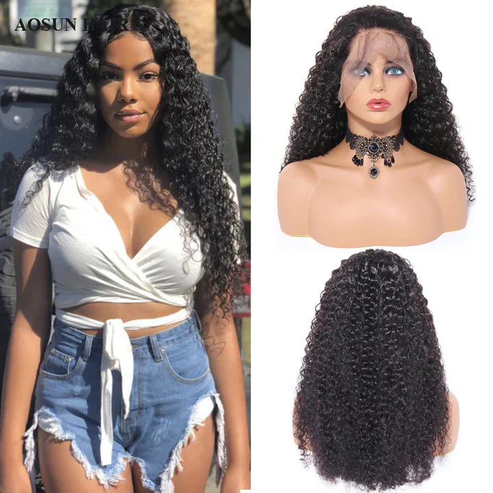 Black women Remy human hair kinky curly 13x4 front lace wig 150% pre-plucked with baby hair.