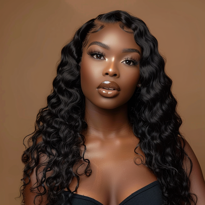13x4 lace closure wig in natural black, featuring loose deep texture and 180% density.