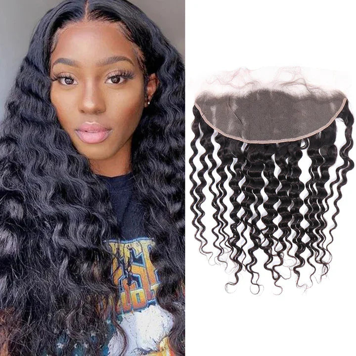100% unprocessed human hair 13x4 loose deep lace frontal, natural wave, black, 14-20 inches.