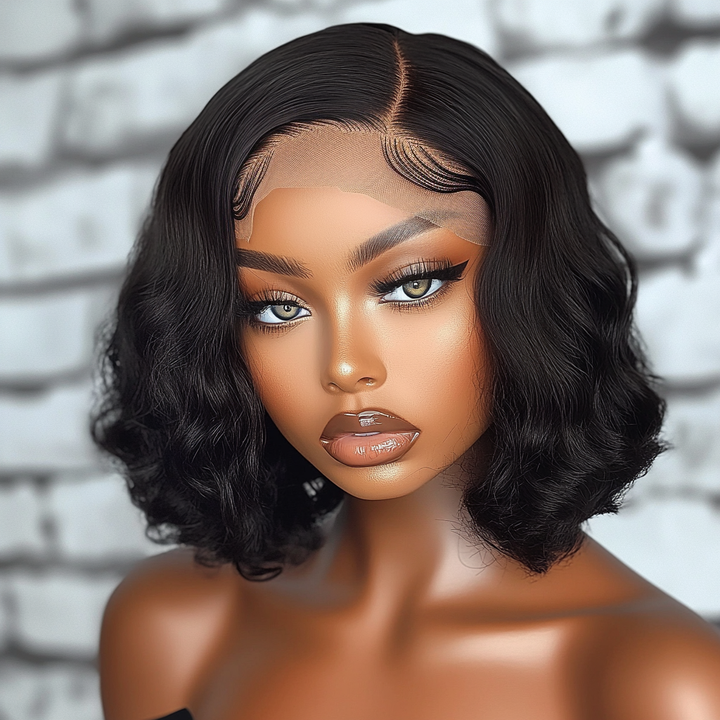 13x1 1B/99J bouncy curly human hair wig, 200 density, lace frontal, short curly style.